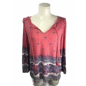 Lucky Brand Salmon Tie Neck Ruffle Tassel Blouse